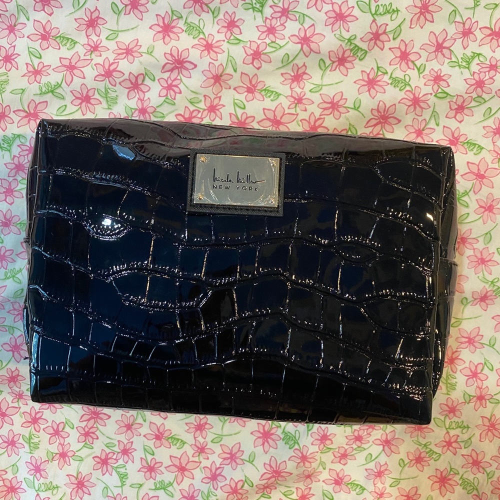 *NWT* Nicole Miller New York black patent crocodile leather Cosmetic Bag